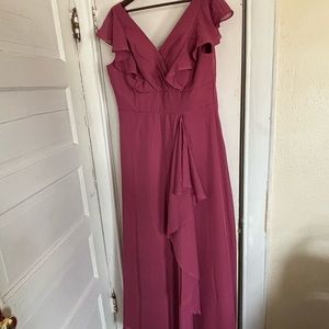 Azazie Pink Ruffled V-Neck Gown